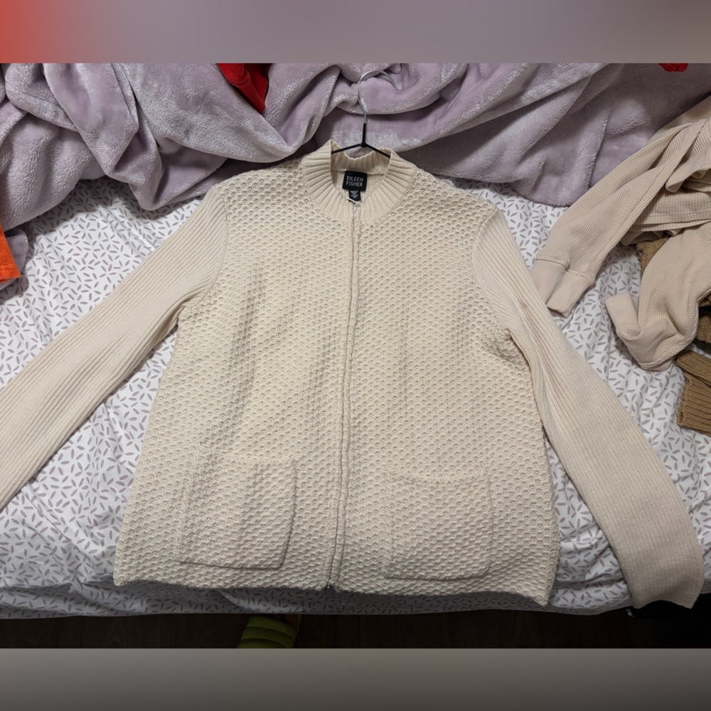 Eileen Fisher Cream 100% Merino Wool Textured Knit Cardigan